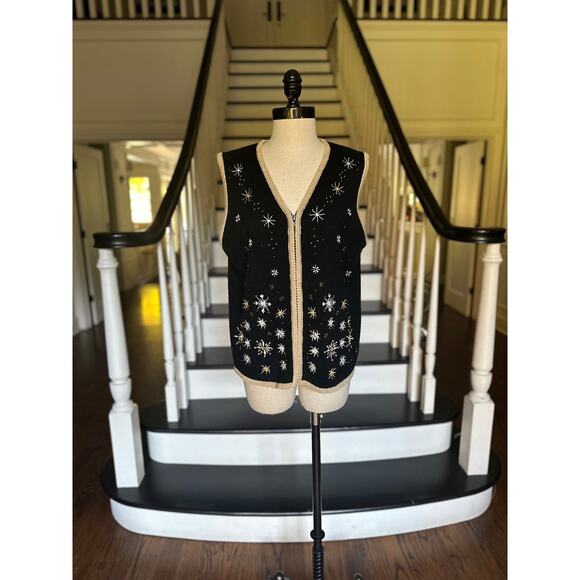 Vintage Snowflake Sweater Zip Vest Fall Winter Christmas Party Festive Beaded - Picture 2 of 12